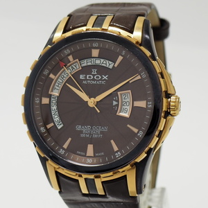 EDOX グランドオーシャン メンズ 腕時計 自動巻き SS レザー ブラウン文字盤 83006-357BRR