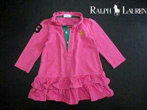 かわいい！■ポロ ラルフローレン　ピンク鹿の子　長袖ワンピース　キッズ　80cm　A体フリル　女の子　ナンバリング　POLO RalphLauren