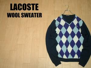 LACOSTEピュアウールVネックセーター美品2ネイビー濃紺アーガイル柄正規ラコステMADE IN JAPANカーディガンPURE WOOL