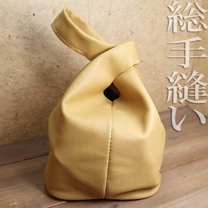 【総手縫い】柔らかい 革 皮 JAPANESE KNOT BAG ノットバッグ くたっとした 本革 ソフト 巾着 ポーチ セカンドバッグ 底マチ付LL