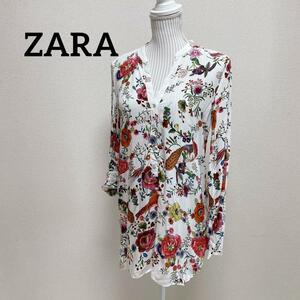 ザラ　ZARA 長袖ブラウス　ロールアップ　和柄　フラワーデザイン　Vネック　孔雀　USA Sサイズ　シャツ　総柄