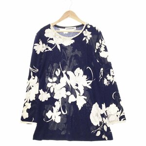 ★激レア LEONARD paris レオナール パリ 長袖 花柄 シルク カットソー ブラウス サイズ44 レディース ネイビー×ホワイト 1BA/91699