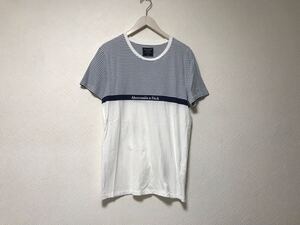 本物アバクロアンドフィッチAbercrombie&Fitchコットンボーダー柄ロゴプリント半袖Tシャツメンズサーフグレー白ホワイトSグアテマラ製