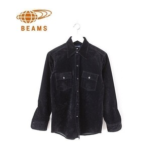 A3872/美品 春夏 BEAMS ビームス レーヨン ベロア ベルベット ウエスタン ミリタリー ワーク 長袖 カジュアルシャツ M 黒/日本製 メンズ