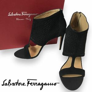 o280 未使用 Salvatore Ferragamo サルヴァトーレフェラガモ レザー ブーザン ブーティ サンダル ショートブーツ スエード BLACK 7 正規品