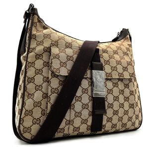 1円《 美品・希少デザイン 》GUCCI グッチ ショルダーバッグ メンズ GGキャンバス レザー クロスボディ ロゴクリップ GG柄 ベージュ