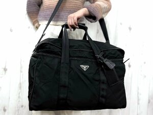 極美品 PRADA プラダ テスート ボストンバッグ ショルダーバッグ バッグ V362 ナイロン×サフィアーノレザー 黒 A4可 2WAY メンズ 77917Y