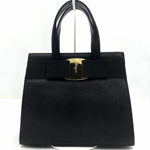 1円/極美品● フェラガモ Salvatore Ferragamo ハンドバッグ フォーマル 手提げ ヴァラリボン ロゴ 金具 リザード 黒 ブラック レザー