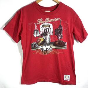 ■ 子供用 90s USA製 ビンテージ NUTMEG NFL San Francisco 49ers フォーティーナイナーズ プリント 半袖 Tシャツ XL 赤 キッズ アメフト■