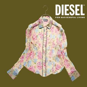 09T049☆ DIESEL 総柄 花柄 シースルー 薄手 長袖シャツ ブラウス 羽織り 春秋 スナップボタン 