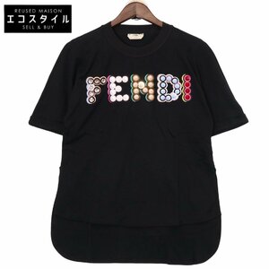 FENDI フェンディ FS6908 ブラック スタッズロゴ クルーネックカットソー ブラック 40 トップス コットン レディース 中古