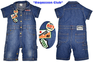 T-0112★送料無料★美品★Ragazzon Club★子供 キッズ 男女兼用 濃紺デニム ワッペン オールインワン カバーオール ツナギ 13kg 90cm