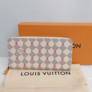 【77】良品 LOUIS VUITTON N64615 ダミエ・アズール スタッズ ジッピーウォレット フーシャピンク ブランド レディース ICチップ確認