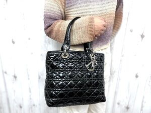 極美品 Christian Dior クリスチャン ディオール レディディオール カナージュ ハンドバッグ バッグ パテントレザー 黒 77745