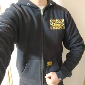 幻☆ステューシーBURLY THREADSパーカーSサイズ黒ZIP UPブルゾンBLACK黄色ブラックBUILT FOR THE LONG HAULイエローSTUSSYジャケットjacket