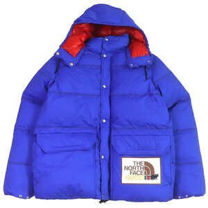 極美品□GUCCI×THE NORTH FACE グッチ×ザ・ノースフェイス 21AW 663753 ロゴプリント フーデッド ダウンジャケット ブルー L 正規品