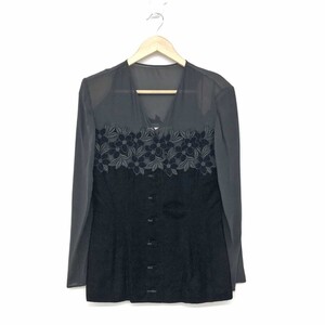 良好◆Christian Dior クリスチャンディオール デザイントップス ◆ ブラック シルク レディース ベロア×シアー 花モチーフ サンプル品