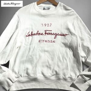 極美品/現行タグ!! ●Salvatore Ferragamo フェラガモ メンズ スウェット トレーナー セーター 刺繍ロゴ オフホワイト L相当