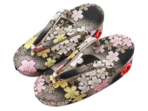 七五三 帯地 金欄織 子供用 きもの 草履 黒金 桜柄 鈴付き 18.0cm　sz-94-1