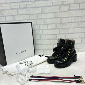 良品 箱付き GUCCI アンクルレザー シルヴィウェブ シルヴェイブ ベルト付き レースアップブーツ ブラック 黒 レディース 36.5 約23-23.5㎝