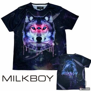 良品■MILKBOY■THREE EYED WOLF Tシャツ 三つ目 狼 L ブラック パープル 半袖 クルーネック ミルクボーイ オオカミ ウルフ ユニセックス