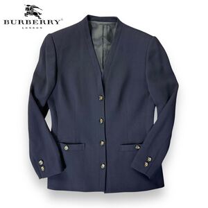 【美品】Burberry バーバリー ウール キュプラ ノーカラー テーラード ジャケット カーディガン ネイビー 金ボタン 白タグ 7ARサイズ