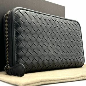 1円【美品・定価約8万】BOTTEGA VENETA ボッテガヴェネタ イントレチャート ラウンドファスナー ブラック 黒 長財布 財布 カーフレザー　