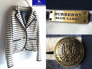 BURBERRY BLUE LABEL バーバリー ブルーレーベル ロゴプレート メタル釦 ボーダー パイピング スウェット 2Bテーラードジャケット 36 白 紺