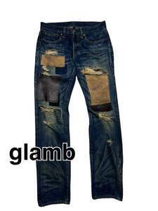 希少 glamb Grange Leather Patch Damage Denim　パッチワーク　S