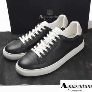 【新品】定価3.08万 アクアスキュータム Aquascutum《大人カジュアル》上質本革 高級 レザースニーカー 42(26.5) 黒ブラック