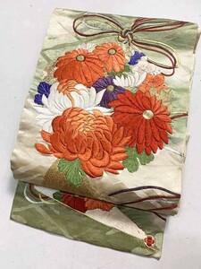 ★きものさらさ　アンティーク着物帯★丸帯　日本刺繍　菊　正絹　古布　古裂　花薬玉　古典文様　暈し