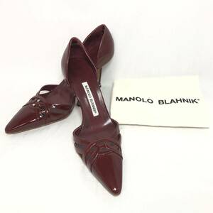 ＊MANOLO BLAHNIK パンプス 35サイズ ヒール約8cm 赤 レッド エナメル ピンヒール ハイヒール レディース マノロブラニク 保存袋付