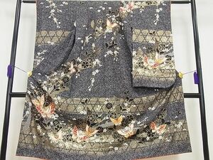 平和屋1■極上　平和屋着物■極上　七五三　女の子　7歳　祝着　駒刺繍　舞蝶花文　そごう扱い　金彩　黒地　逸品3s643