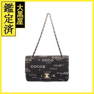 CHANEL シャネル COCOプリント マトラッセ25Wフラップチェーンショルダーバッグ ブラック/GP キャンバス