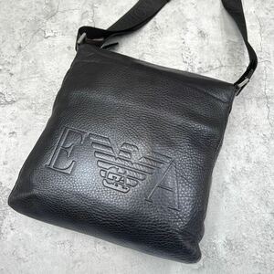 美品●EMPORIO ARMANI アルマーニ メンズ ビジネス エンボス ショルダーバッグ メッセンジャー 斜め掛け本革 レザー ダークブラウン