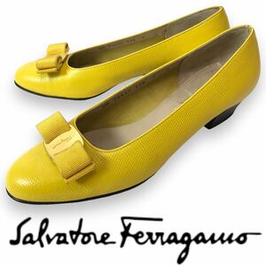 p19 Salvatore Ferragamo サルヴァトーレフェラガモ ヴァラリボン レザー パンプス リザード イエロー フォーマル ビジネス 7 正規品