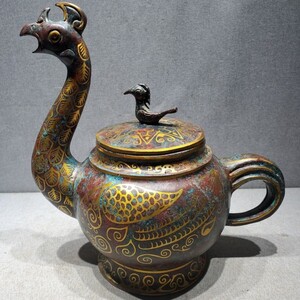 中国銅器 西周青銅 錯金銀 金鳳鳥提梁壺 長さ24cm 幅15cm 高さ26cm 重さ約1750g 旧家蔵出