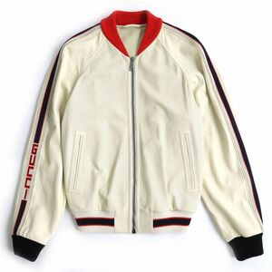 良品△正規品 GUCCI グッチ 497399 ヴィンテージロゴ ブローグレザー ZIP UP ボンバージャケット アイボリー 44 伊製