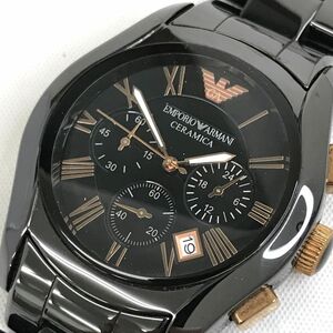 美品 EMPORIO ARMANI エンポリオアルマーニ 腕時計 AR-1410 クオーツ アナログ ラウンド カレンダー ブラック ピンクゴールド ウォッチ