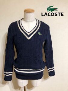 【良品】 LACOSTE ラコステ Vネック ケーブルニット ウールセーター トップス 厚手 サイズ4 長袖 ネイビー 日本製 AH001A