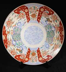 古伊万里 金彩 染付 色絵 唐草文 桐に鳳凰と龍図 41cm 大皿 江戸期 bdi-大14d2177