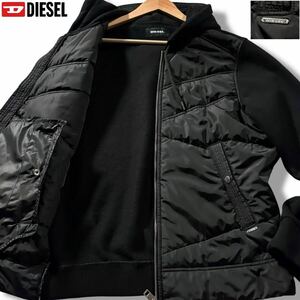 極美品/XLサイズ相当●DIESEL ディーゼル ナイロン切替 中綿 パーカー フード ジップジャケット ストレッチ 下部ロゴ金具 黒 ブラック L