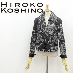 ◆HIROKO KOSHINO ヒロココシノ 総柄 リボンブローチ付 ジャケット 黒 ブラック×アイボリー 38