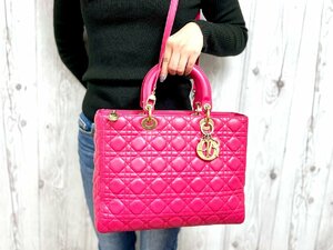 美品 Christian Dior クリスチャンディオール レディディオール カナージュ ハンドバッグ ショルダー バッグ レザー ピンク 2WAY 77497