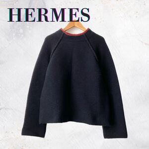 HERMES エルメス ニット セーター ラグランスリーブ スタンドネック ネイビー イタリア製 