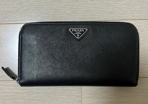 極美品 PRADA プラダ ラウンドファスナー 長財布 ロゴ サフィアーノレザー レザー 小銭入れ ブラック ウォレット 札入れ メンズ レディース