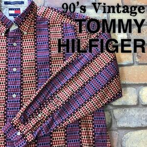 ★90’s vintage★状態良好!!★正規品★【TOMMY HILFIGER】レトロダイヤ 総柄 長袖 BDシャツ[海外規格メンズ M]パープル オレンジ K2-916