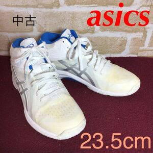 【売り切り!送料無料!】A-243 asics!バスケットシューズ!23.5cm!ホワイト!ブルー!バスケット!スポーツ!ハイカット!中古!