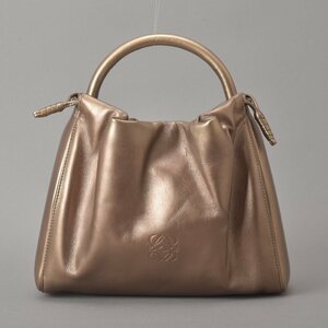 1円 美品 LOEWE ロエベ アナグラム ハンドバッグ 巾着 レザー ブロンズ メタリック ブラウン 2WAY可 軽量 手提げ ミニトート 鞄 Mk.f