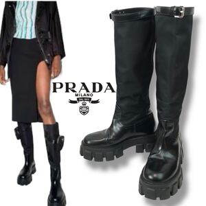 u3 PRADA プラダ Re-Nylon モノリス ロングブーツ BLACK ベルト 厚底 プラットフォーム シューズ 37.5 イタリア製 正規品 レディース